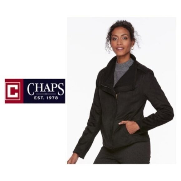 Chaps Womens Black Soft Faux Suede Pockets Full Zip Moto Jacket Sz M New - Picture 9 of 9